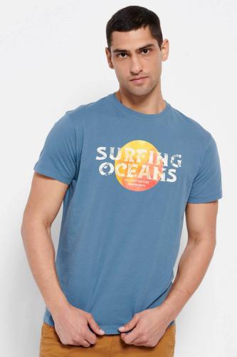 Funky Buddha ανδρικό βαμβακερό T-shirt μονόχρωμο με sunset print μπροστά - FBM007-355-04 Μπλε Ραφ S